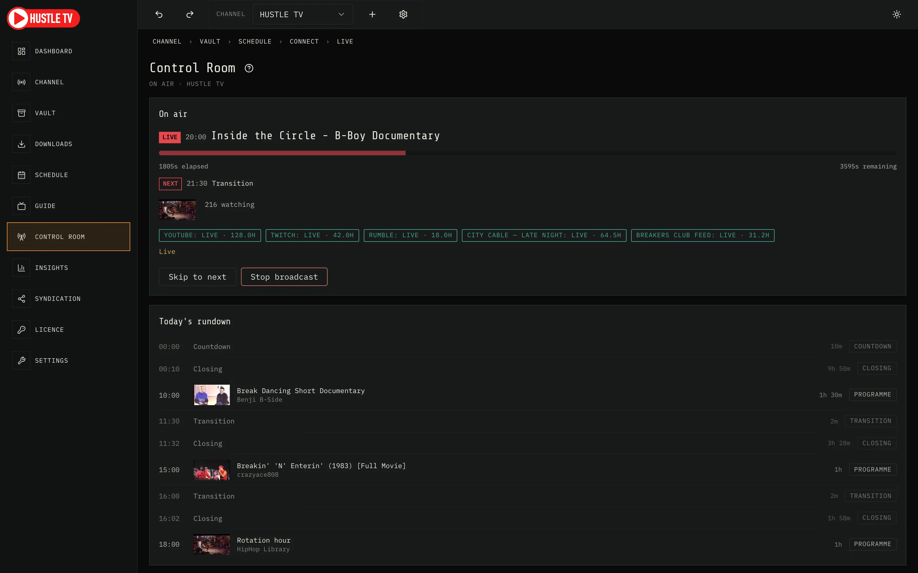 Hustle TV Control Room on air with NOW and NEXT and live targets