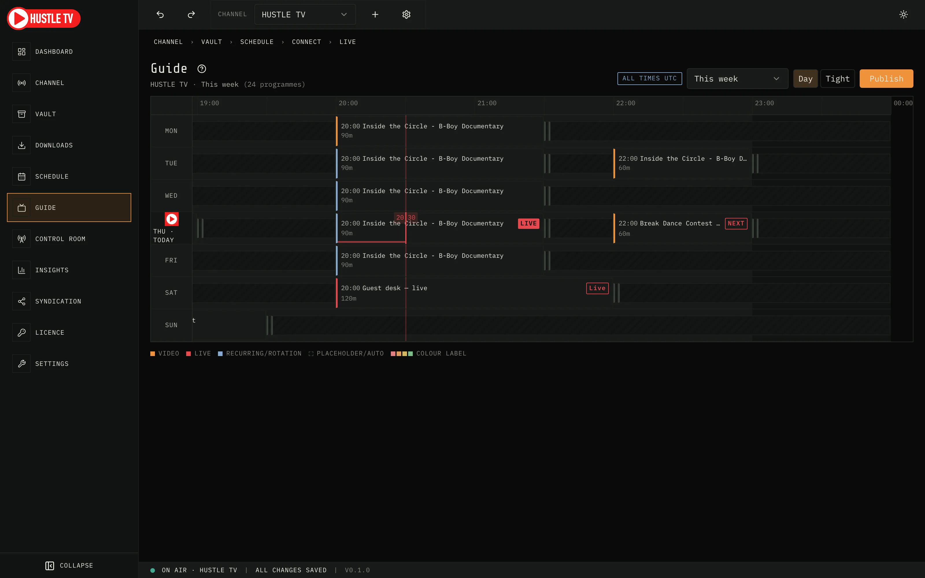 Hustle TV Guide view: weekly EPG with live now line during primetime