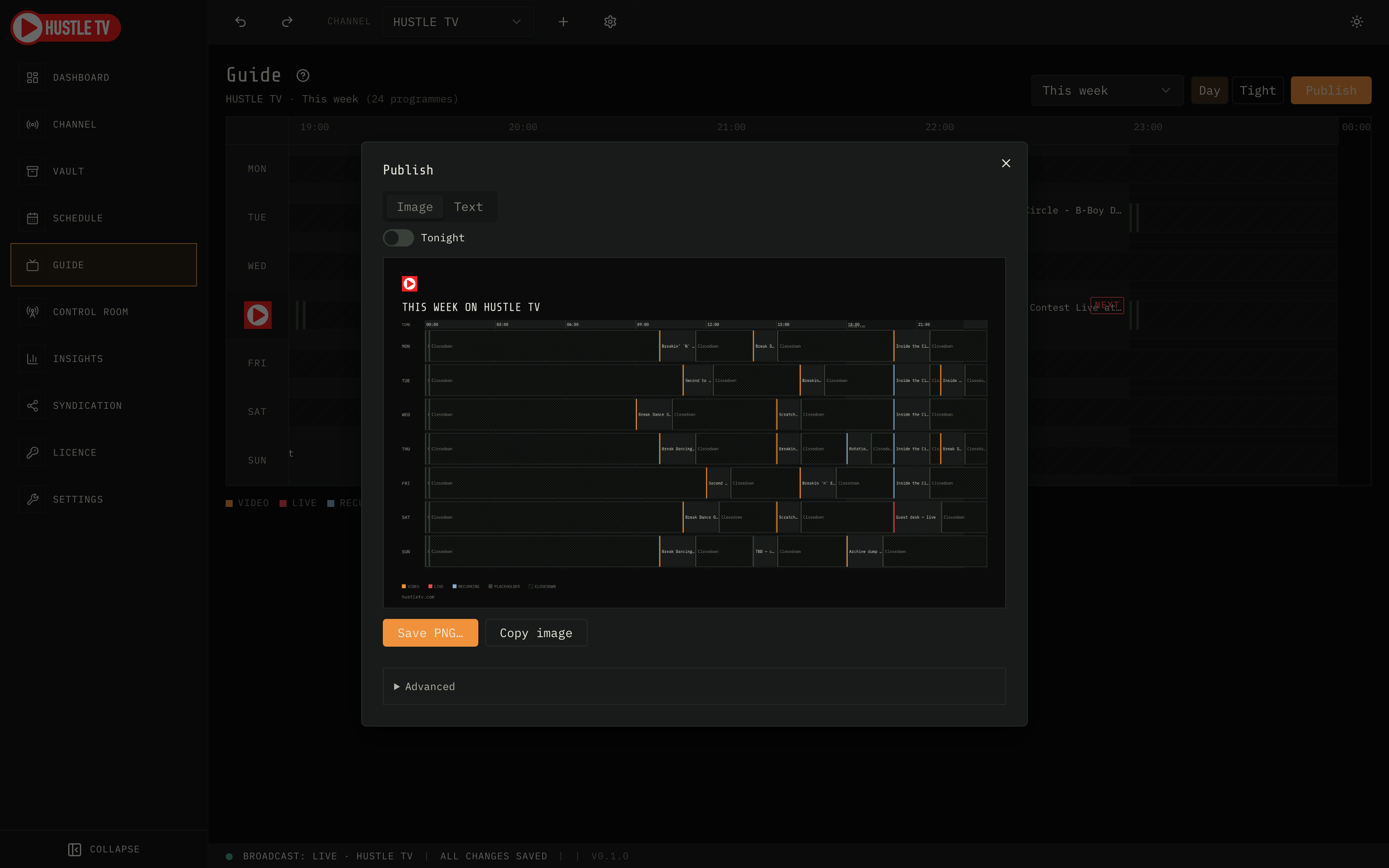 Hustle TV Publish dialog showing a rendered weekly schedule card