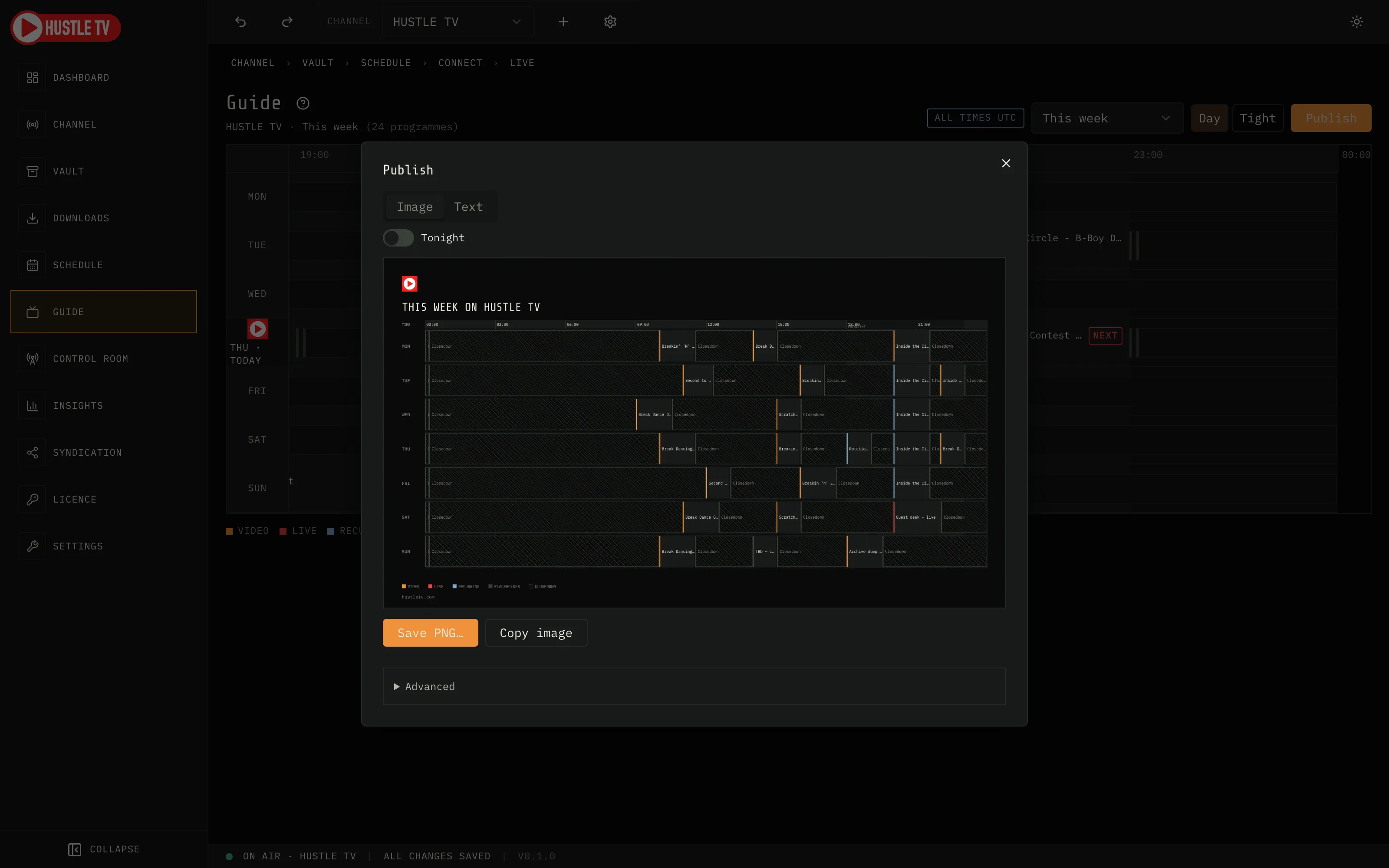 Hustle TV Publish dialog showing a rendered weekly schedule card
