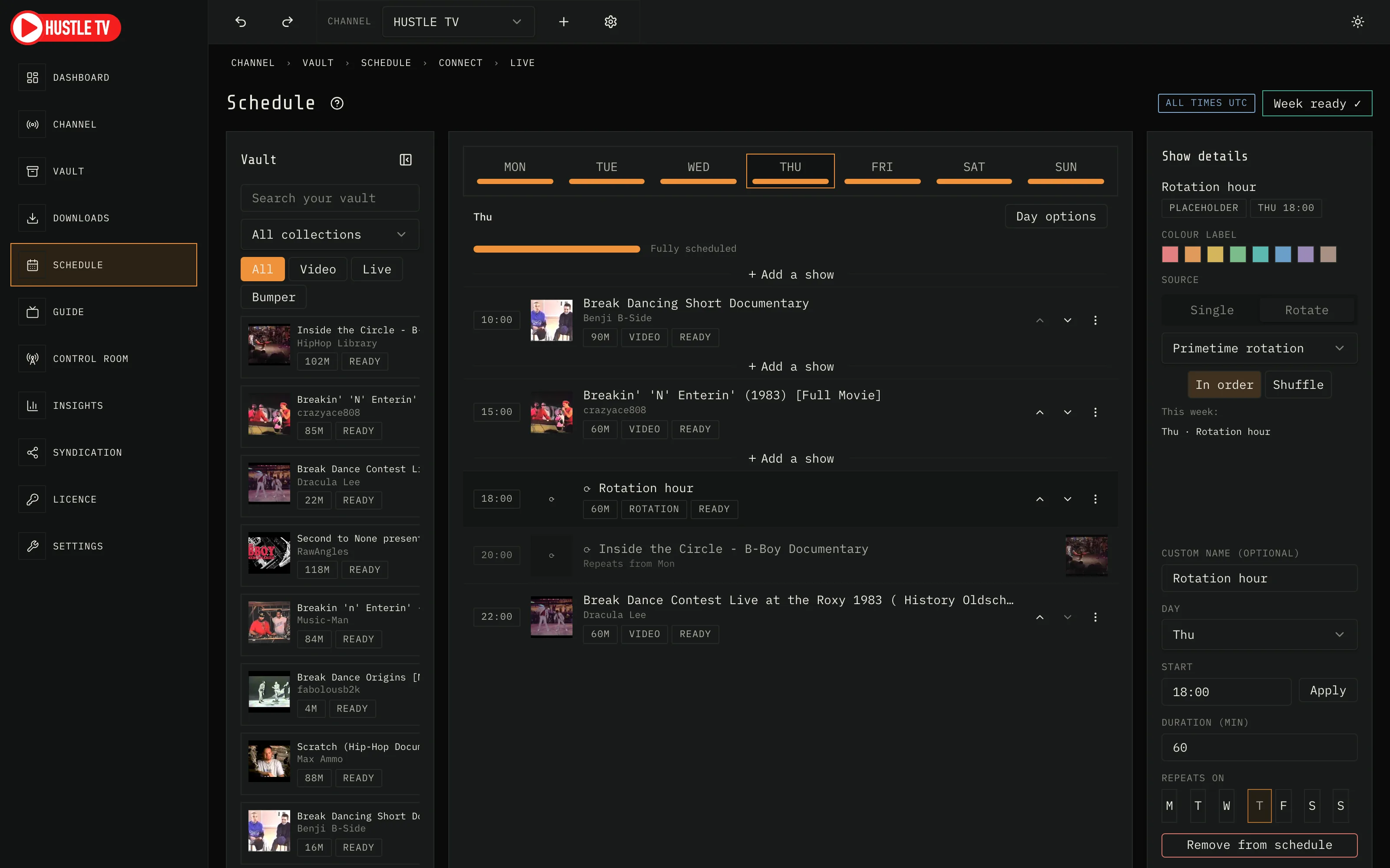 Hustle TV Schedule editor: dayparts, now line, and rotation slot inspector