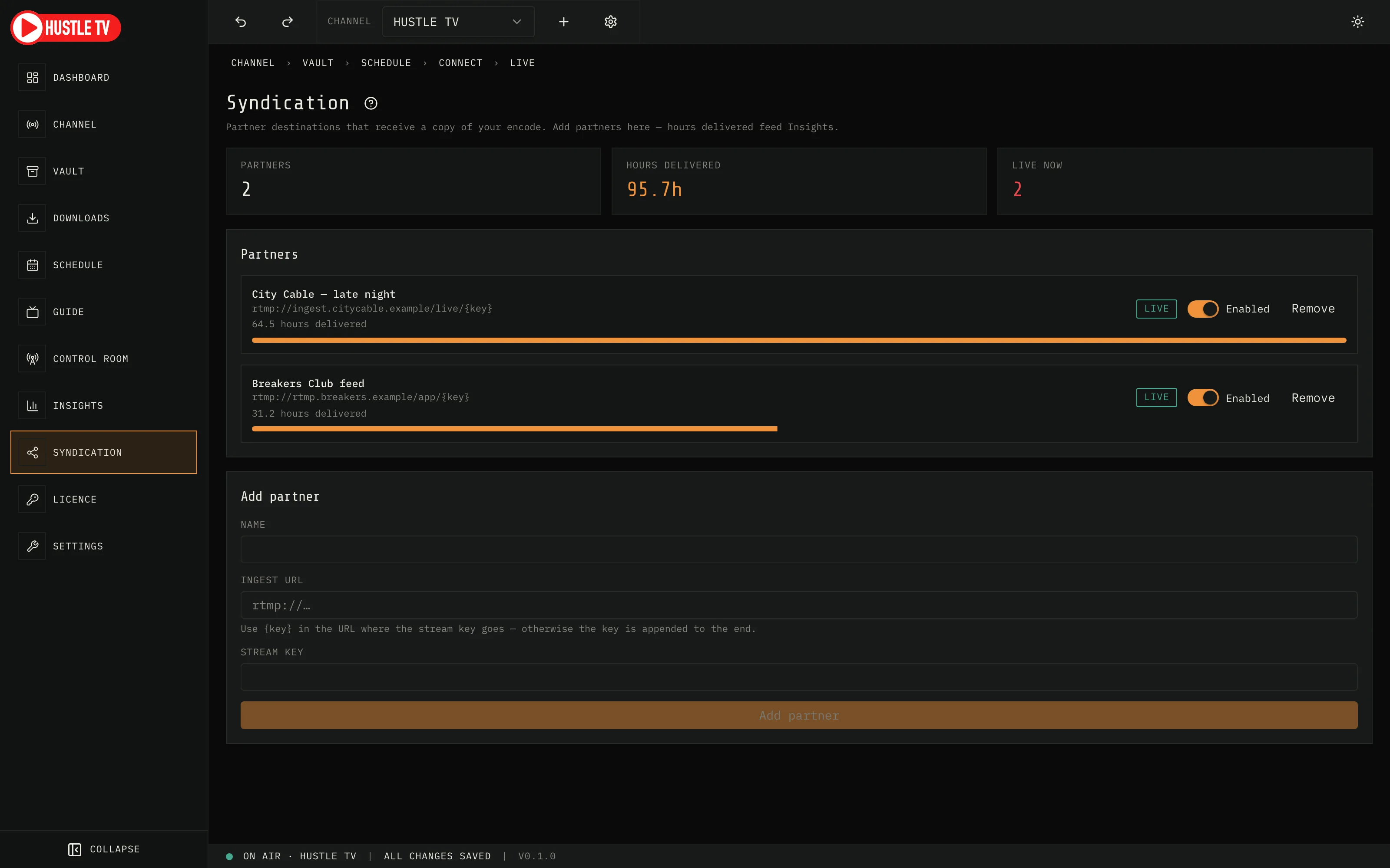 Hustle TV Syndication: partner targets with hours delivered and live health