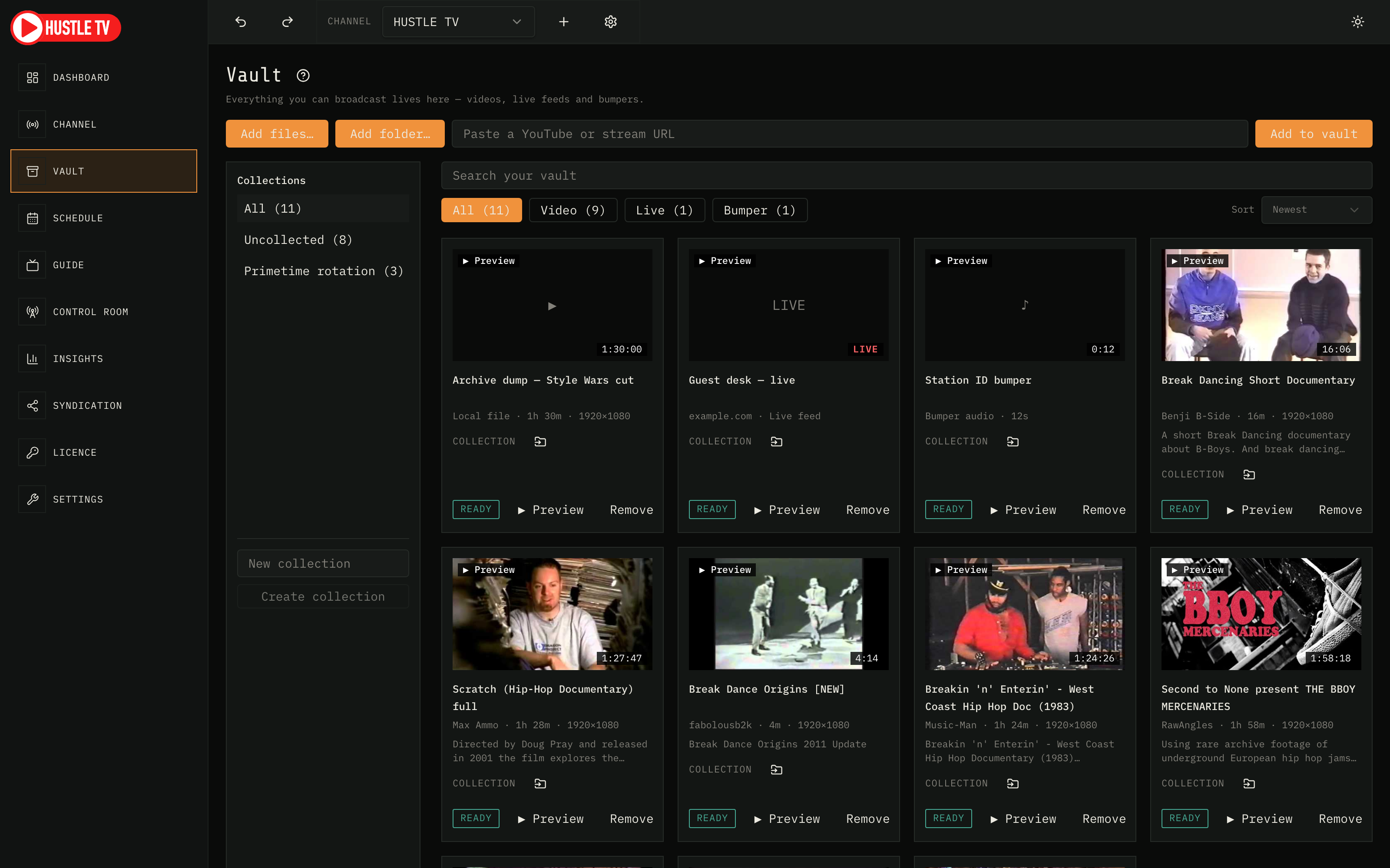 Hustle TV Media Vault with ready videos and thumbnails