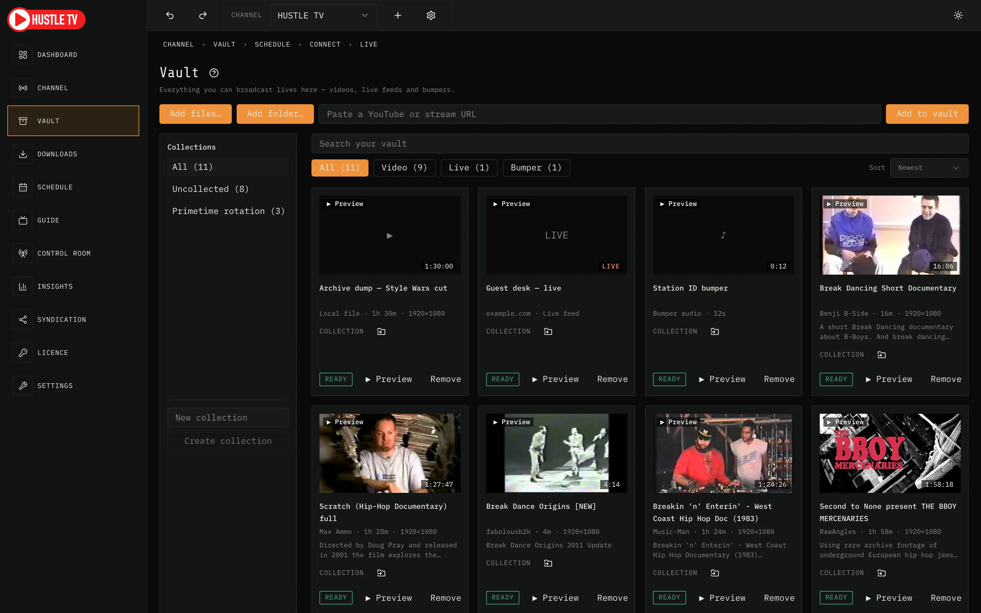 Hustle TV Media Vault with ready videos and thumbnails